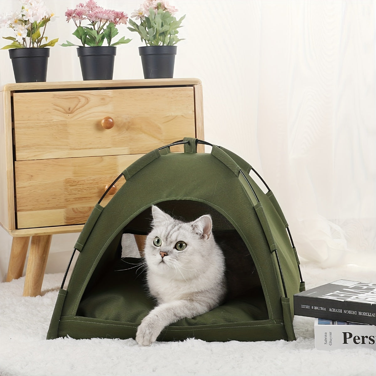 Cozy Cat Tent Bed - Portable Pet Cave with Self-Cooling Mat