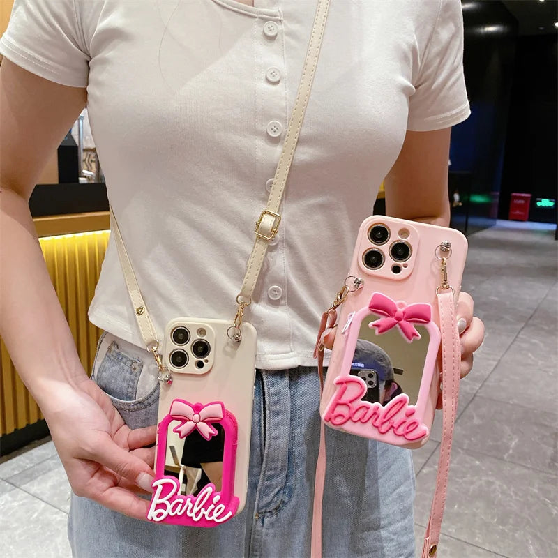 Cute Barbie Makeup Mirror Card Holder Silicone Case For iPhone 15 14 13 12 11 Pro Max 7 8 Lanyard Shockproof Soft TPU Back Cover
