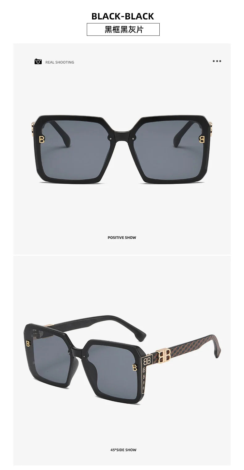 Fashion Large Frame Sunglasses Women 2024 Luxury Brand Retro Square Metal Sun Glasses Fashion Gradient Shades Lady