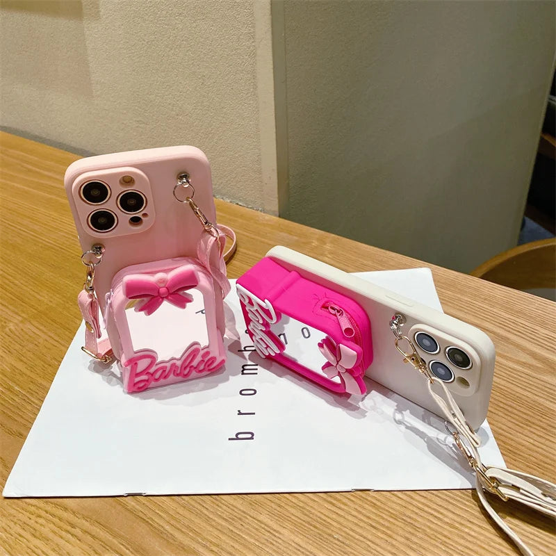 Cute Barbie Makeup Mirror Card Holder Silicone Case For iPhone 15 14 13 12 11 Pro Max 7 8 Lanyard Shockproof Soft TPU Back Cover