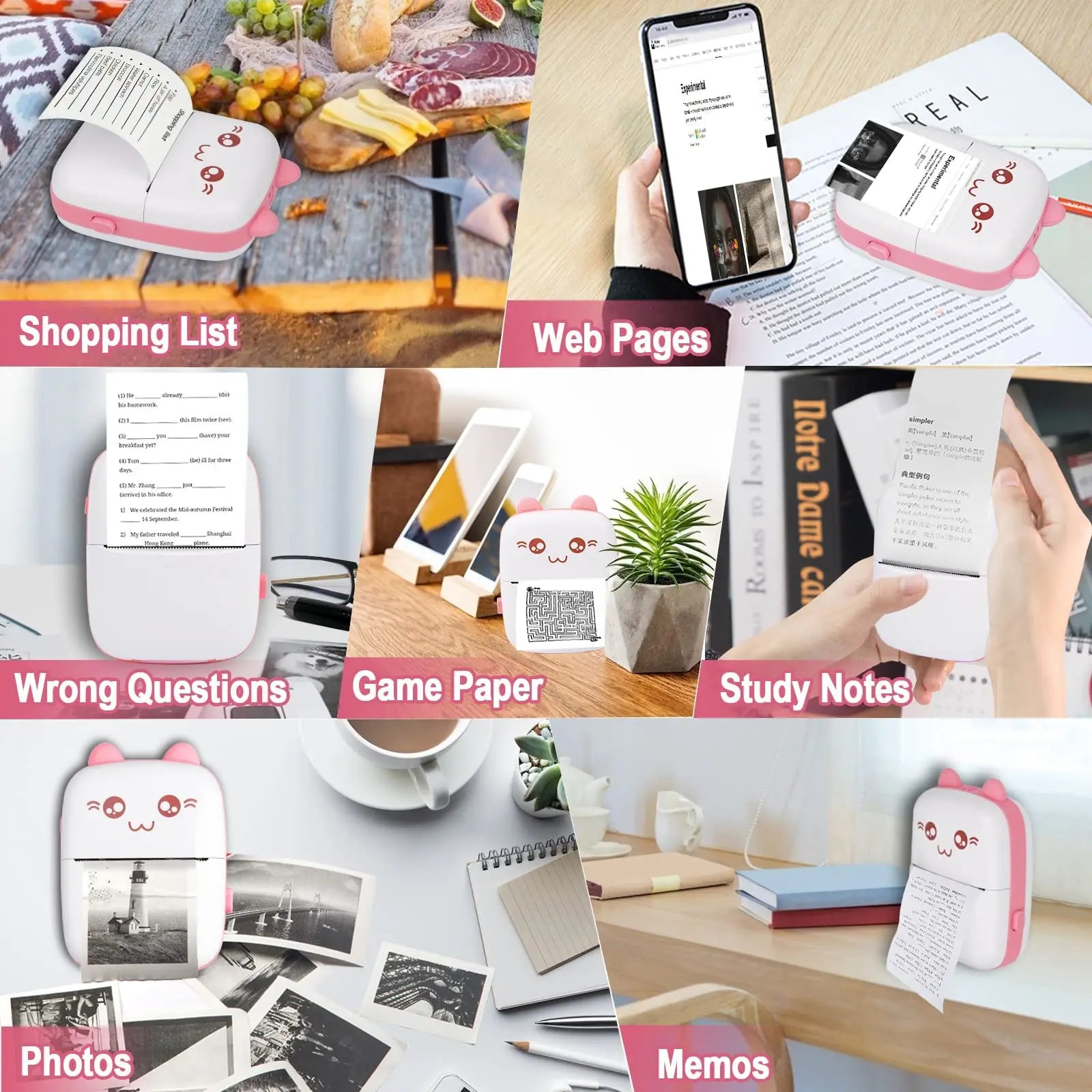 Mini Pocket Printer Mini Sticker Printer Portable for Printer with 13 Roll Papers for Notes, Photos, Stickers, Labels, Receipts