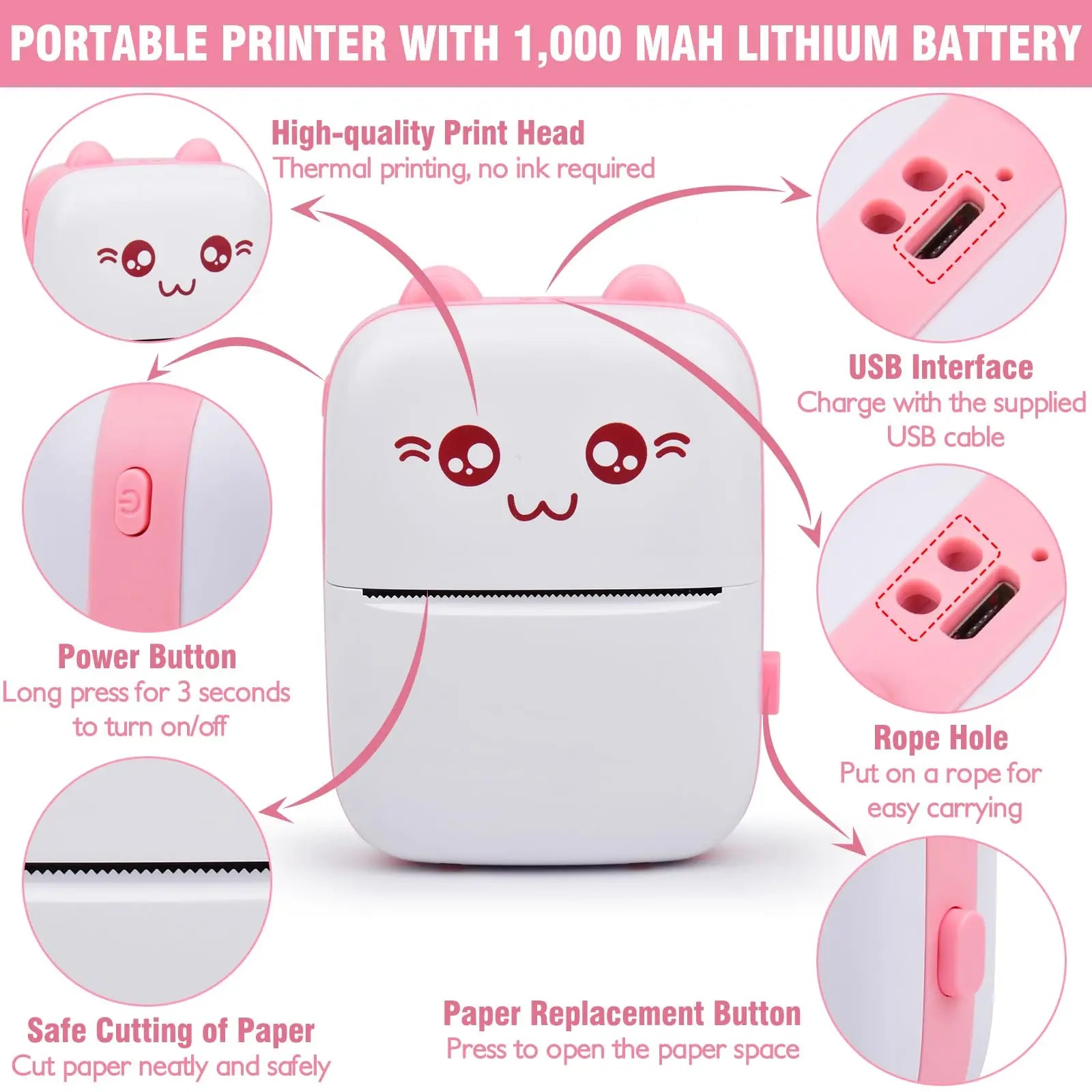 Mini Pocket Printer Mini Sticker Printer Portable for Printer with 13 Roll Papers for Notes, Photos, Stickers, Labels, Receipts