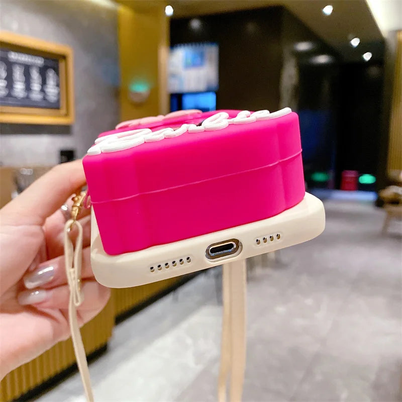 Cute Barbie Makeup Mirror Card Holder Silicone Case For iPhone 15 14 13 12 11 Pro Max 7 8 Lanyard Shockproof Soft TPU Back Cover