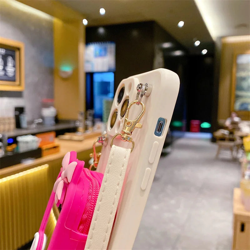 Cute Barbie Makeup Mirror Card Holder Silicone Case For iPhone 15 14 13 12 11 Pro Max 7 8 Lanyard Shockproof Soft TPU Back Cover