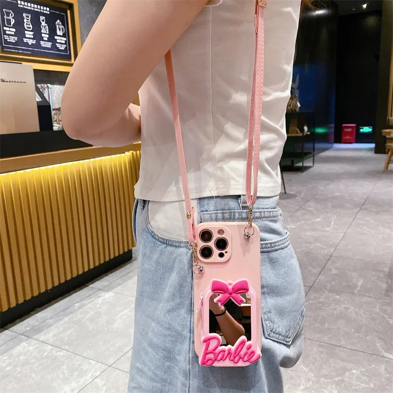Cute Barbie Makeup Mirror Card Holder Silicone Case For iPhone 15 14 13 12 11 Pro Max 7 8 Lanyard Shockproof Soft TPU Back Cover