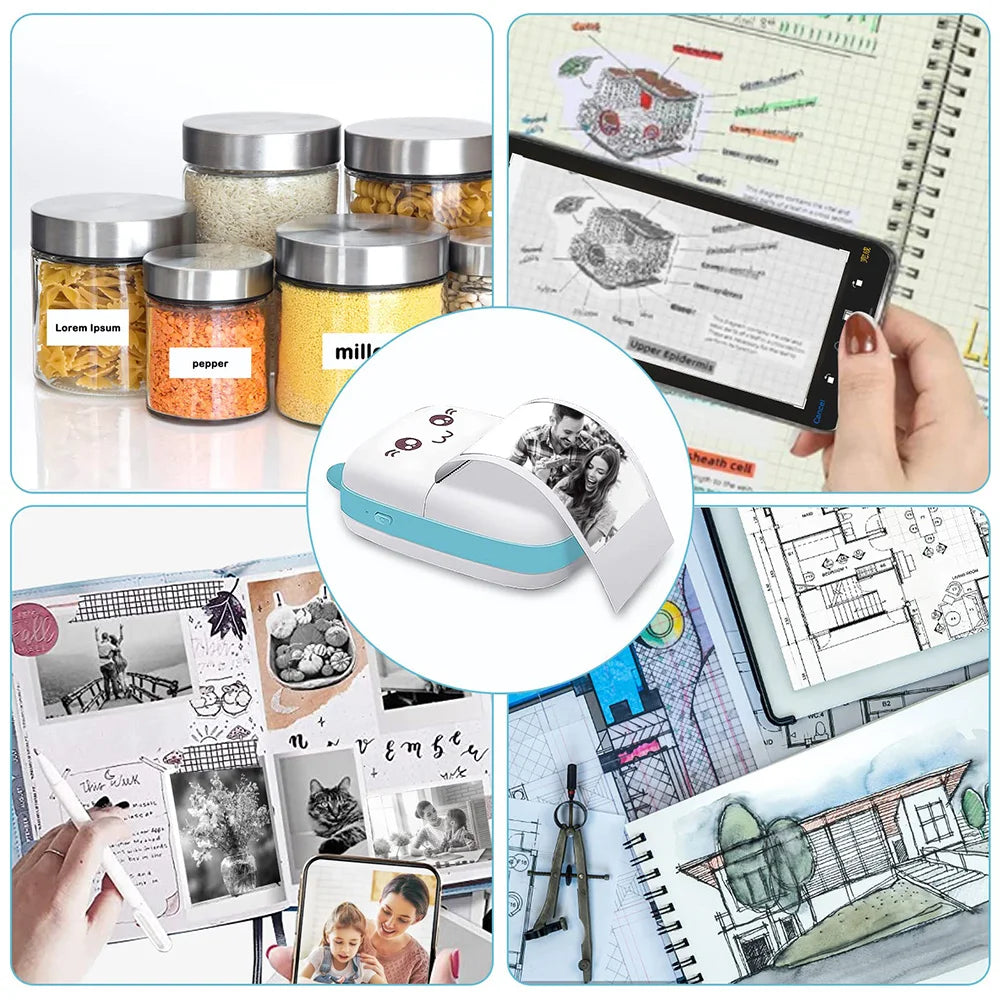 Mini Pocket Printer Mini Sticker Printer Portable for Printer with 13 Roll Papers for Notes, Photos, Stickers, Labels, Receipts