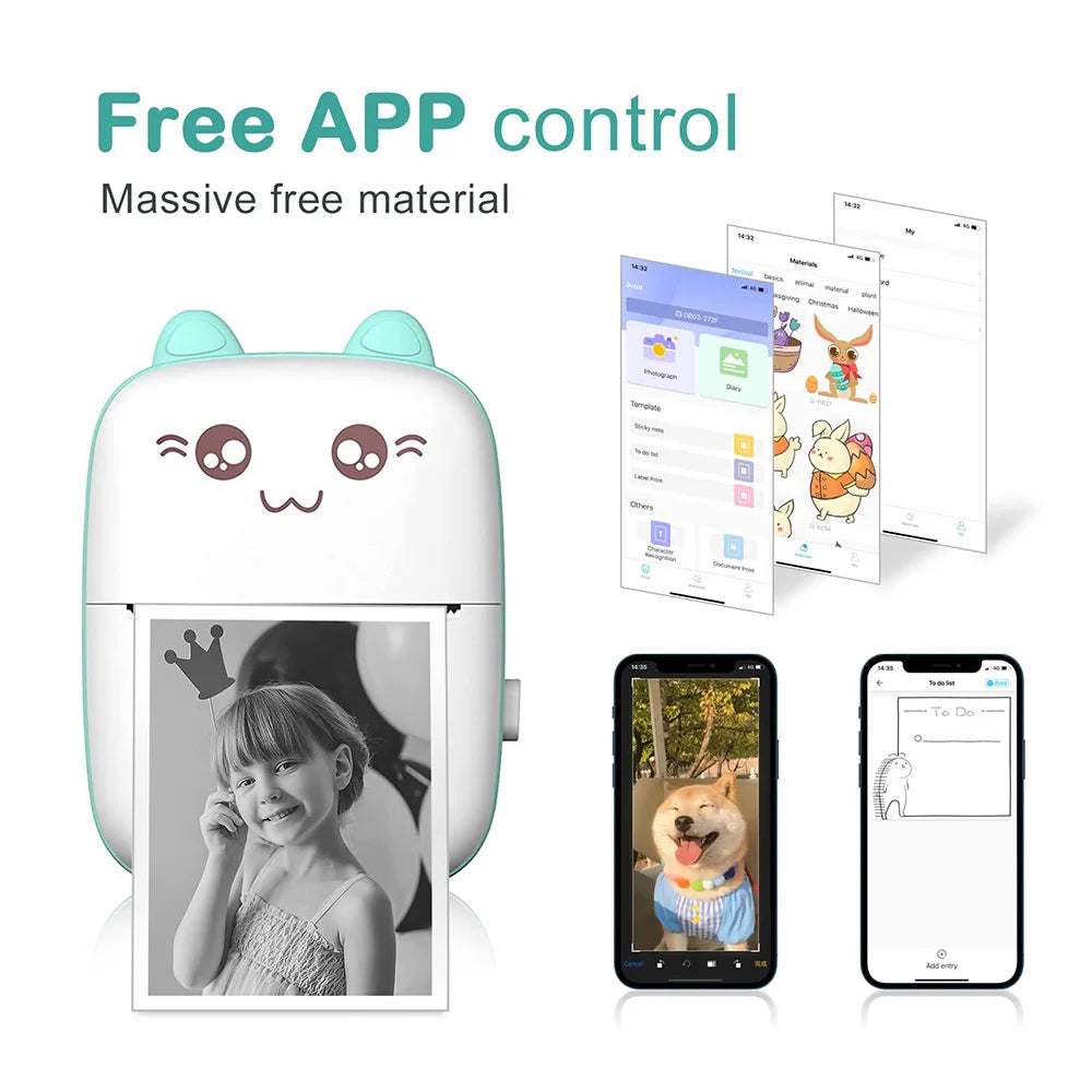 Mini Pocket Printer Mini Sticker Printer Portable for Printer with 13 Roll Papers for Notes, Photos, Stickers, Labels, Receipts