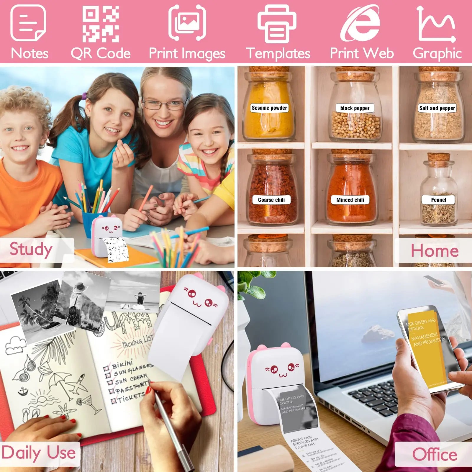 Mini Pocket Printer Mini Sticker Printer Portable for Printer with 13 Roll Papers for Notes, Photos, Stickers, Labels, Receipts
