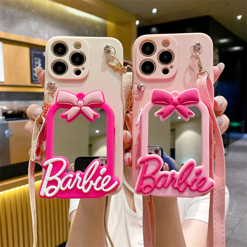 Cute Barbie Makeup Mirror Card Holder Silicone Case For iPhone 15 14 13 12 11 Pro Max 7 8 Lanyard Shockproof Soft TPU Back Cover