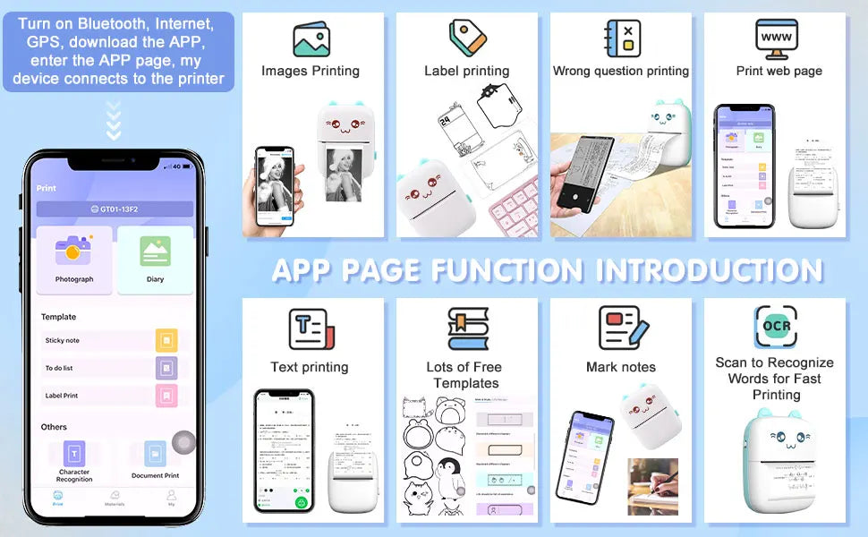Mini Pocket Printer Mini Sticker Printer Portable for Printer with 13 Roll Papers for Notes, Photos, Stickers, Labels, Receipts