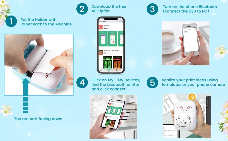 Mini Pocket Printer Mini Sticker Printer Portable for Printer with 13 Roll Papers for Notes, Photos, Stickers, Labels, Receipts
