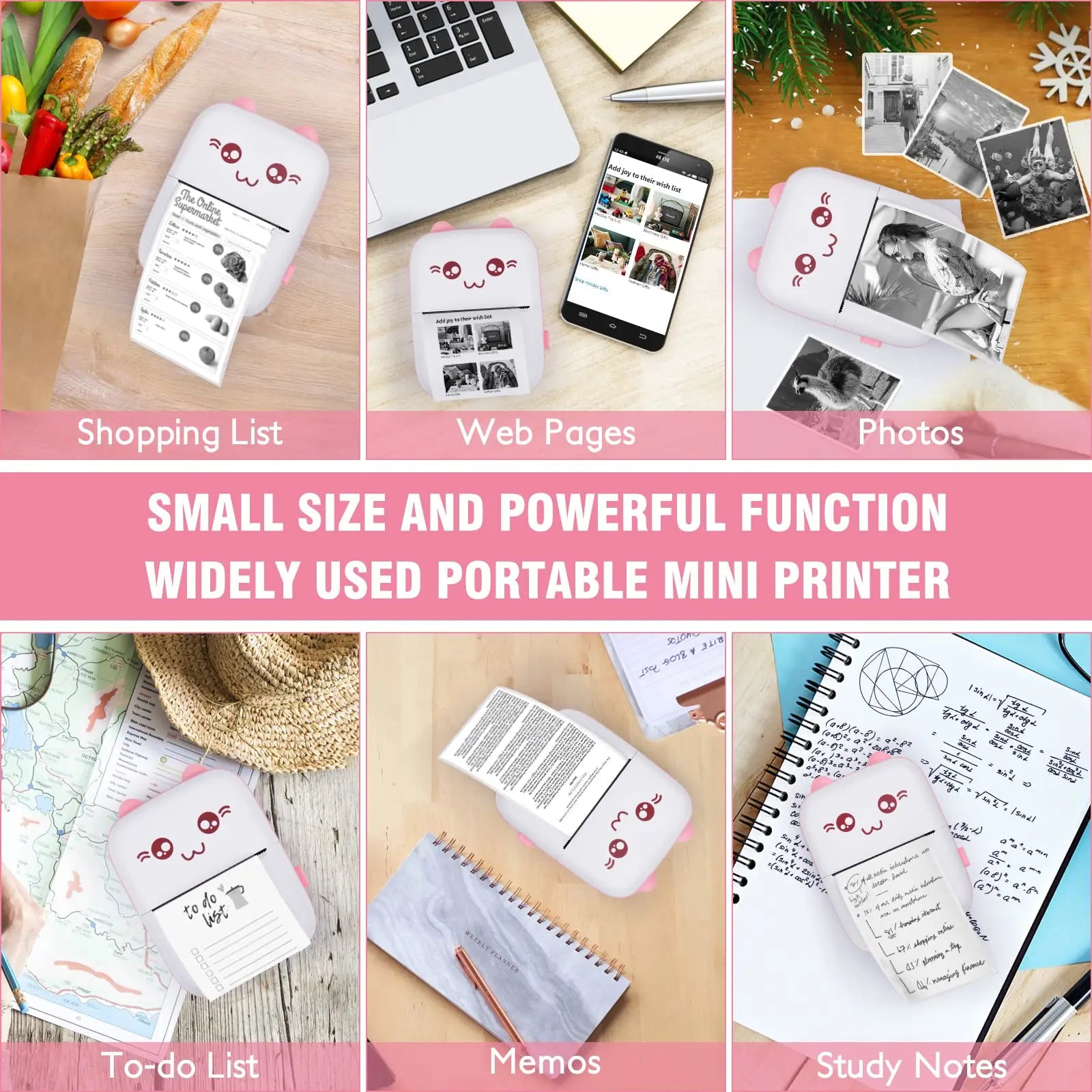 Mini Pocket Printer Mini Sticker Printer Portable for Printer with 13 Roll Papers for Notes, Photos, Stickers, Labels, Receipts