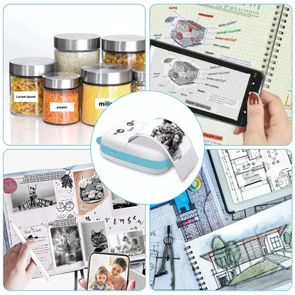 Mini Pocket Printer Mini Sticker Printer Portable for Printer with 13 Roll Papers for Notes, Photos, Stickers, Labels, Receipts