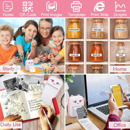 Mini Pocket Printer Mini Sticker Printer Portable for Printer with 13 Roll Papers for Notes, Photos, Stickers, Labels, Receipts